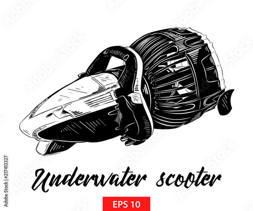 Vector engraved style illustration for posters, decoration and print. Hand drawn sketch of underwater scooter in black isolated on white background. Detailed vintage etching style drawing. photo