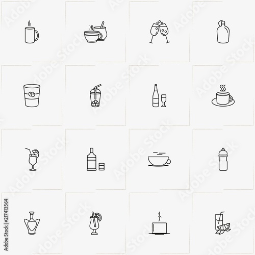 Drink line icon set with cocktail, water flask and stemware