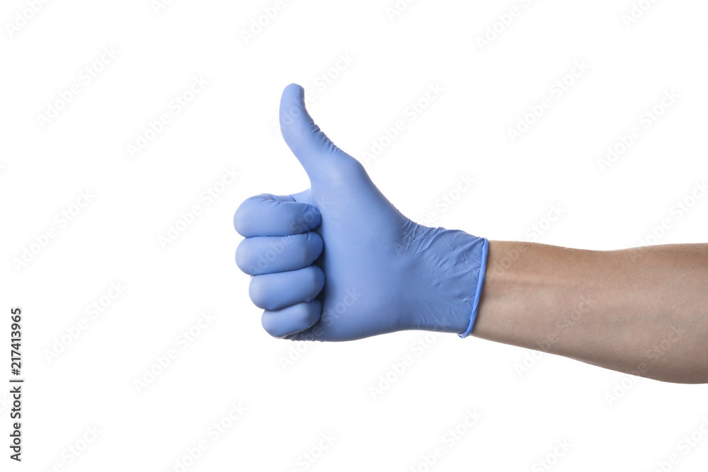 Hand in blue glove isolated on white with thumb up. Hand in blue glove isolated on white with thumb up.