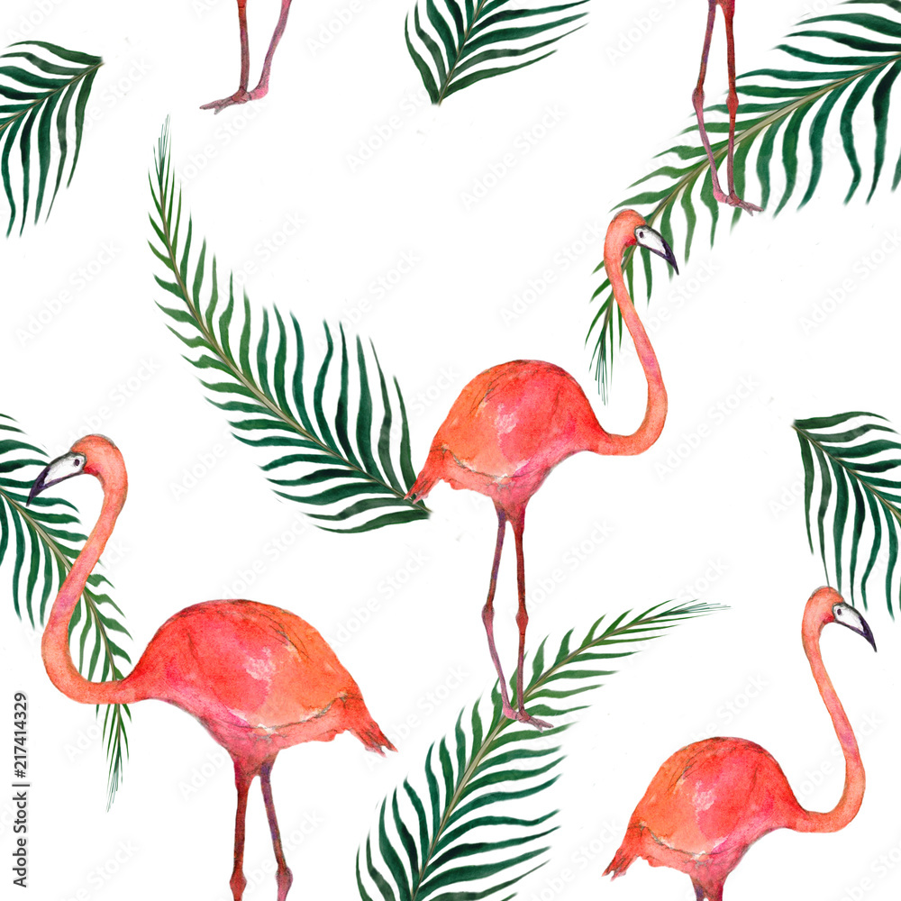 Fototapeta premium Watercolor card of tropical leaves and the pink Flamingo isolated on white background.