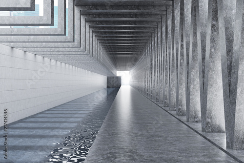 Empty gray lobby with triangular pattern, water