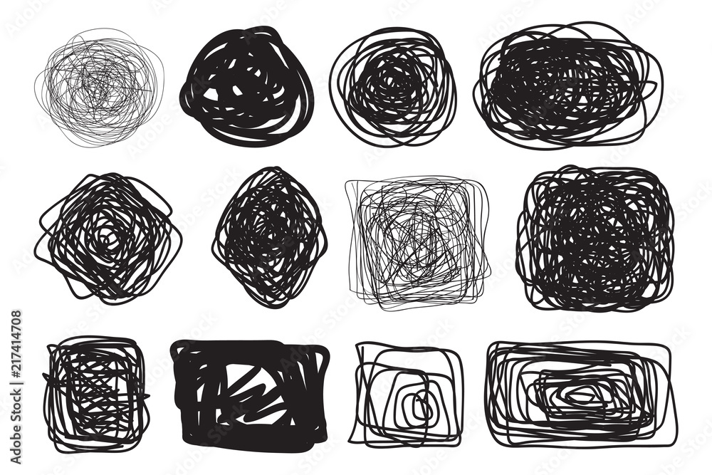 Chaos shapes for design on white. Abstract tangled textures. Random chaotic lines. Hand drawn dinamic scrawls. Black and white illustration. Backgrounds with stripes. Universal pattern. Art creative