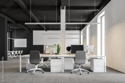 Dark gray and white industrial style office, front
