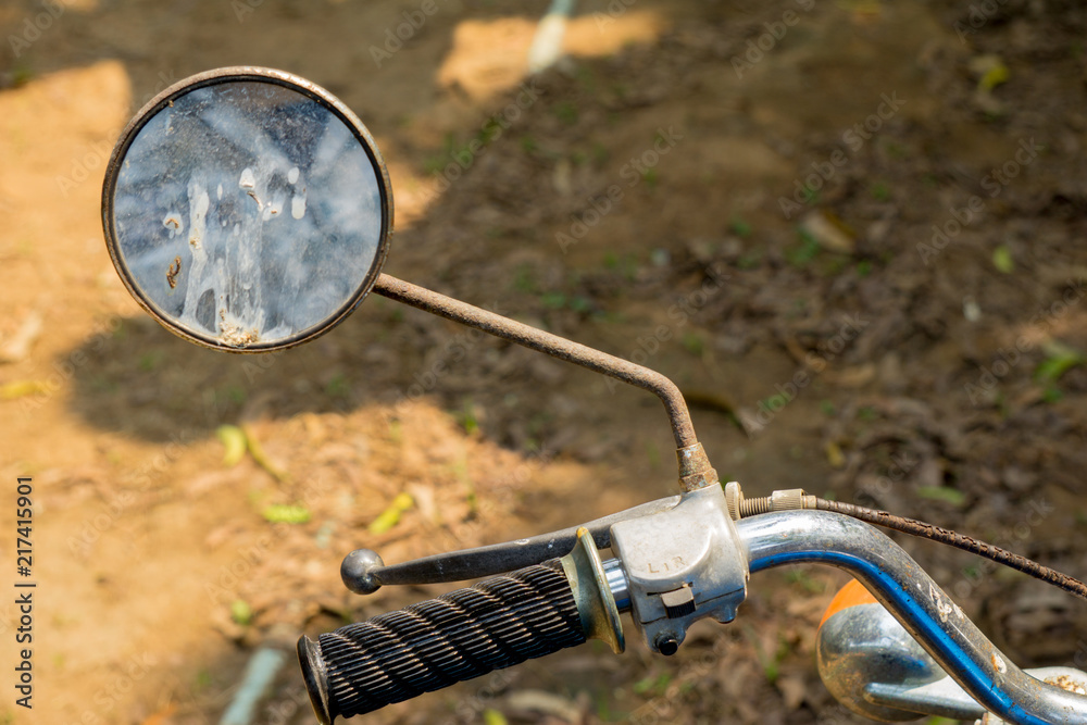 Left rear mirror and hand bar with brake system of vintage Japanese motorcycle Left rear mirror and hand bar with brake system of vintage Japanese motorcycle