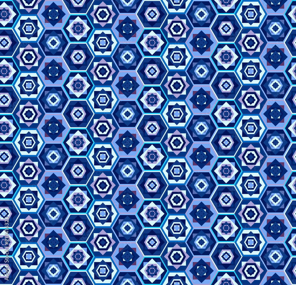 Blue geometric seamless pattern with hexagons and squares, east stile, marrakesh. Fashion carpet motif ethnic texture for textile, wallpapers, tiles, cloth, gift wrapping paper