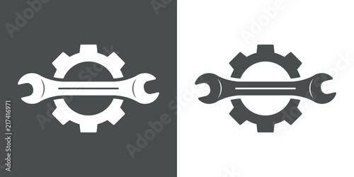 Icono plano engranaje con llave en horizontal en gris y blanco