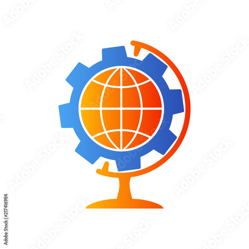Icono plano engranaje con mundo con peana en azul y naranja