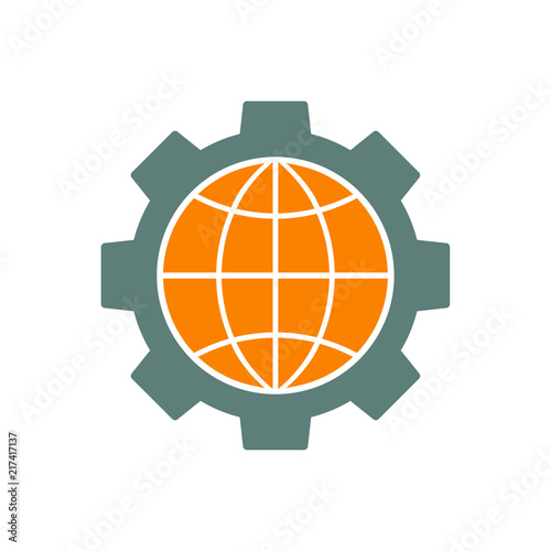 Icono plano engranaje con mundo en gris y naranja