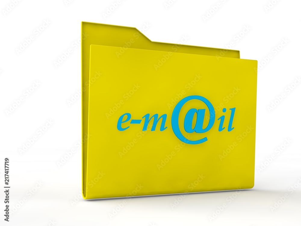 Yellow envelope, email symbol with attached files. Sign the dog on the envelope and the text e-mail. Image isolated on a white background. The idea of communication, email. 3D rendering Yellow envelope, email symbol with attached files. Sign the dog on the envelope and the text e-mail. Image isolated on a white background. The idea of communication, email. 3D rendering