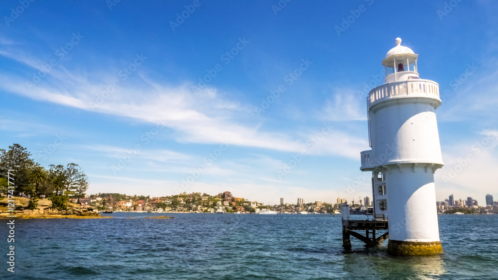 Shark Island Light, an active pile lighthouse located just north of Shark Island in Sydney Harbour, New South Wales, Australia.