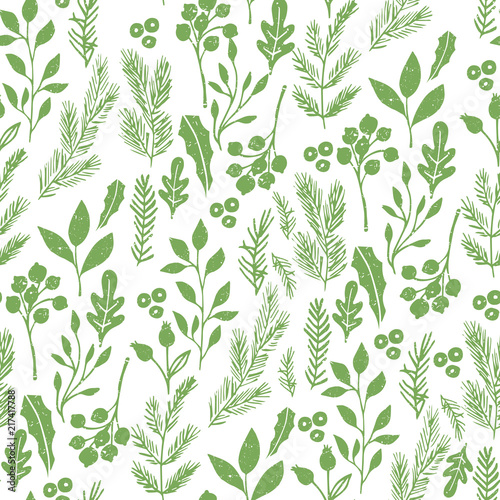 Green seamless pattern with leaves, herbs and branches.