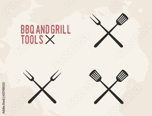 BBQ and Grill tools set. Barbecue fork and spatula isolated on old background. Vintage design. Vector illustration.