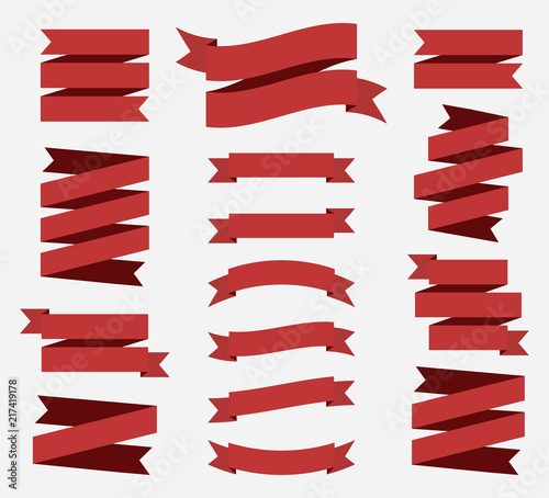 Red flat ribbons banners isolated on white background. Red tapes. Vector illustration.