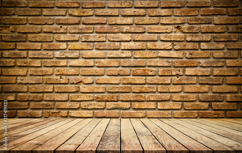 Old wood plank with abstract old brick wall background for product display 