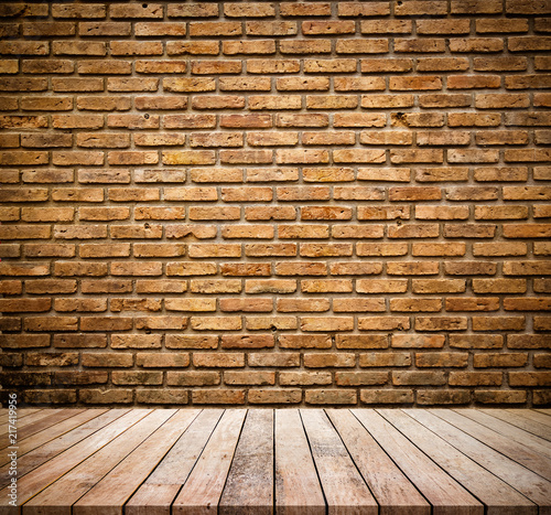 Old wood plank with abstract old brick wall background for product display © tendo23