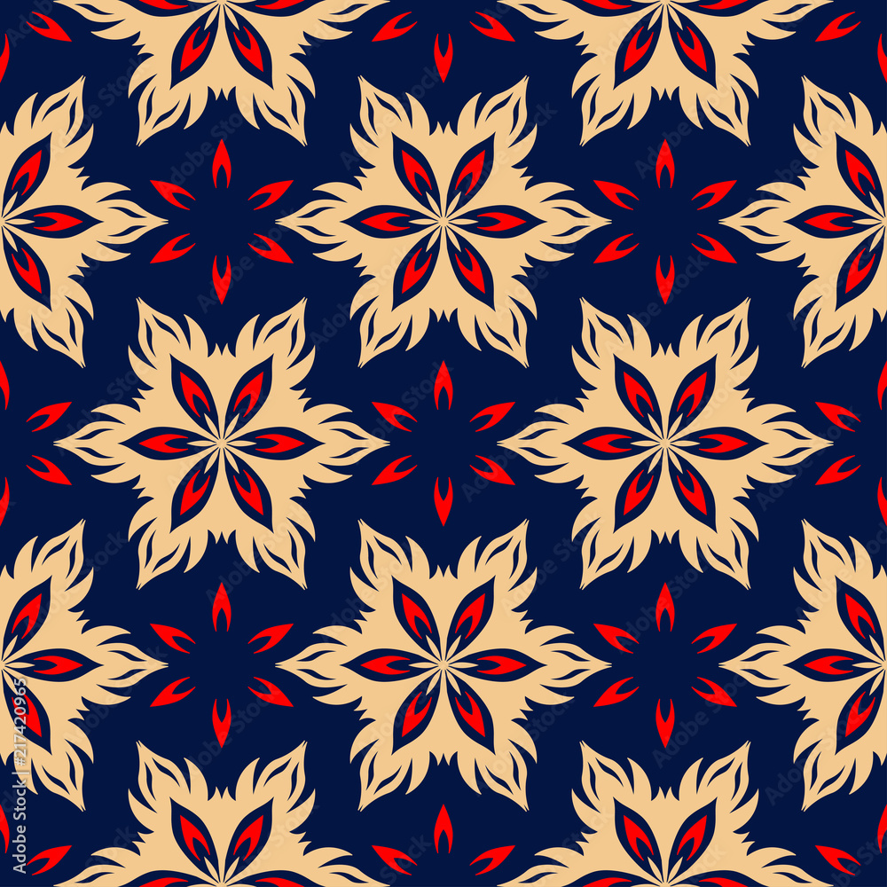 Blue seamless background. Floral beige and red pattern Blue seamless background. Floral beige and red pattern