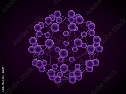 Illustration of a violet spherical molecular lattice with a ball in the center on a black background. The molecule shines. The idea of nanotechnology. The image is abstract. 3D rendering