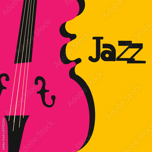 Jazz music typographic colorful background with violoncello vector illustration. Artistic music festival poster, live concert, creative banner design with cello. Word jazz