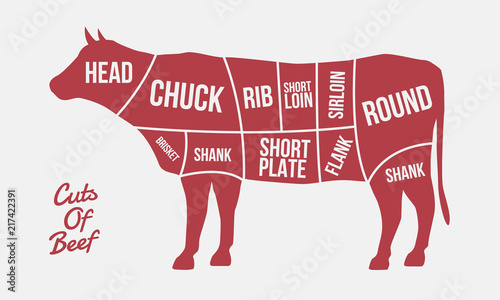 Cuts of Beef. Meat cuts. Cow silhouette isolated on white background. Vintage poster for meat, butcher shop. 