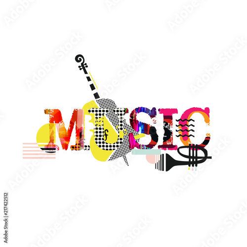 Music typographic colorful background with violoncello and trumpet vector illustration. Artistic music festival poster, live concert, creative banner design. Word music with music instruments
