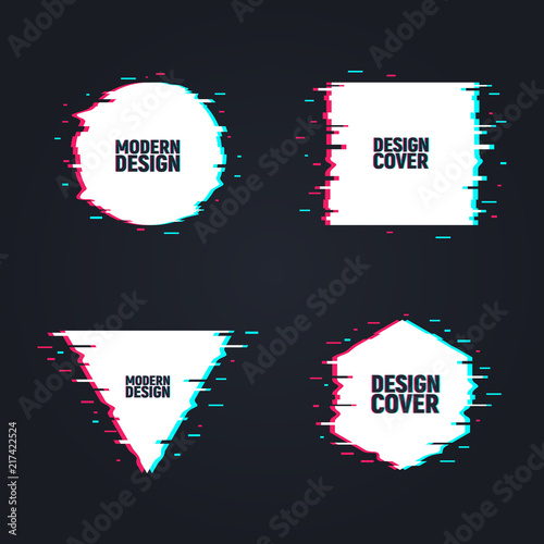 Vector set of minimal geometric shapes frames. Template of frames with glitch effect. Modern elements for design banners, posters, covers, cards, flyers, brochures
