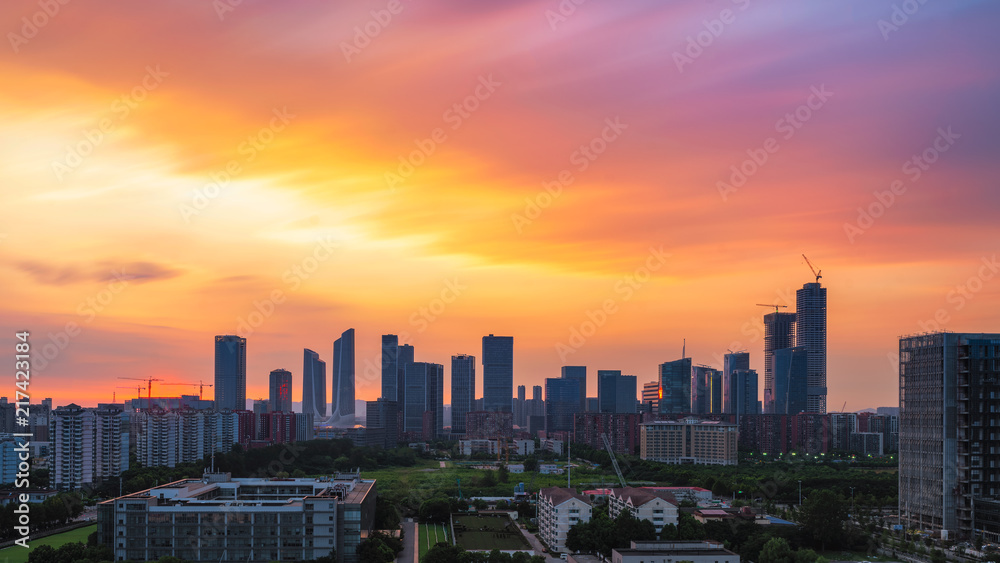 Modern cityscape with beautiful sunset, in Nanjing, China