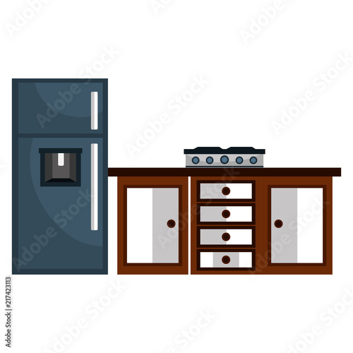 kitchen drawer wooden with stove and fridge