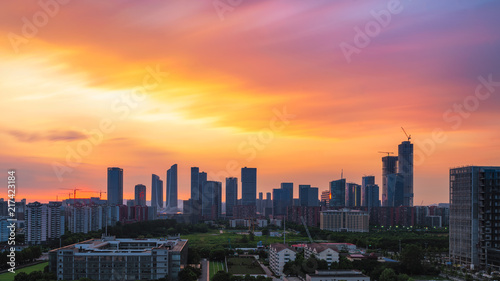 Modern cityscape with beautiful sunset, in Nanjing, China