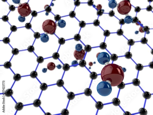 Illustration of graphene water filter with water molecules. Graphene crystal lattice. The idea of purity, ecology, health. 3D rendering. Image with depth of field white background.