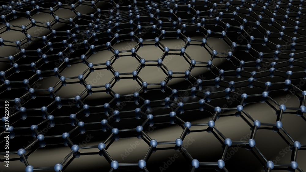 Illustration of a black crystalline carbon lattice. Abstraction, background. Graphene - material of the future, on a black background. The idea of superconducting and heavy-duty material. 3D rendering Illustration of a black crystalline carbon lattice. Abstraction, background. Graphene - material of the future, on a black background. The idea of superconducting and heavy-duty material. 3D rendering