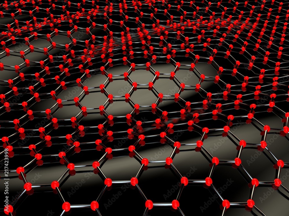 Fototapeta premium Illustration of a crystal lattice with red atoms. Graphene - material of the future, on a black background. The idea of superconducting and heavy-duty material. 3D rendering, abstraction, background.
