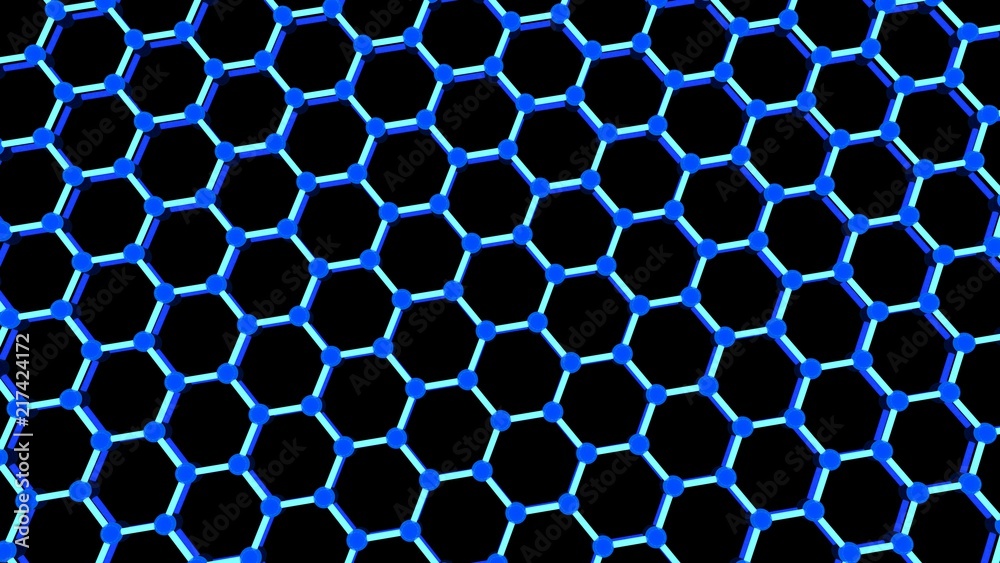Illustration of graphene molecule, luminous atoms. The crystal lattice of graphene, the molecular form of carbon on a black background. 3D rendering. the material of the future Illustration of graphene molecule, luminous atoms. The crystal lattice of graphene, the molecular form of carbon on a black background. 3D rendering. the material of the future