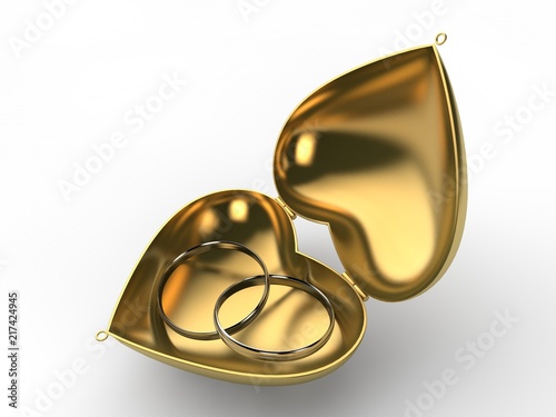 Illustration of a gold heart casket in which are silver rings. The idea of Valentine's day, love and loyalty. 3D rendering. Image isolated on white background