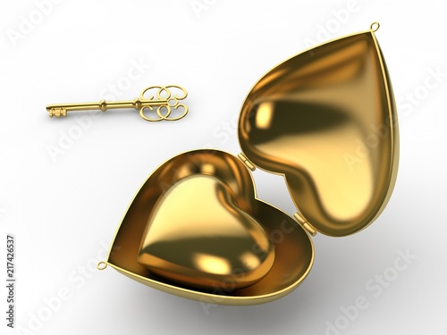 The image of a Golden box in the shape of a heart with a heart of gold inside and a lock and key. Idea for holiday, Valentine, loyalty and love. 3D rendering, isolated on white background Illustration