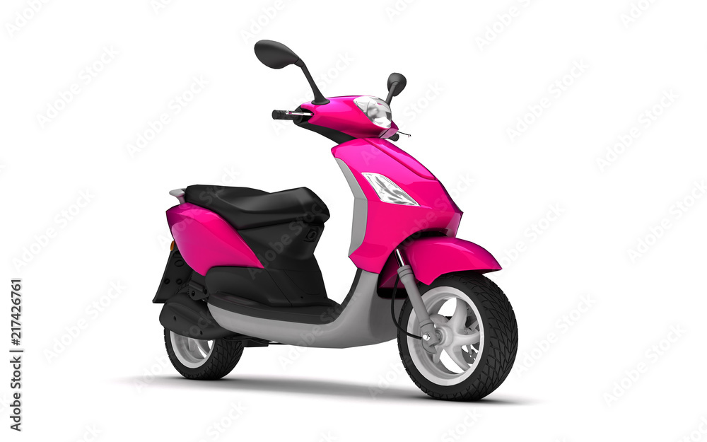 3D Rendering of pink modern motor scooter isolated on white background. Right side view of purple moped. Perspective