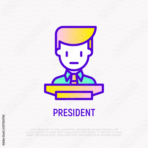 President at tribune thin line icon. Speaker on conference. Modern vector illustration.