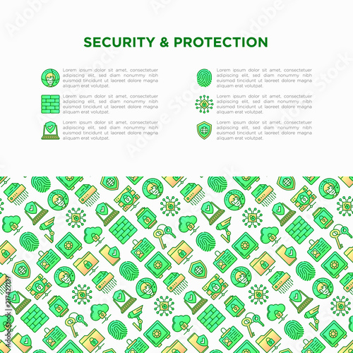 Security and protection concept with thin line icons: mobile security, fingerprint, firewall, face ID, secure folder, surveillance camera, encrypted messaging. Vector illustration.