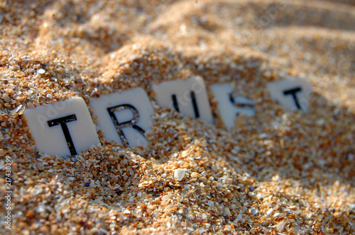 Tableau sur toile Letters of word 'trust' being buried in sand