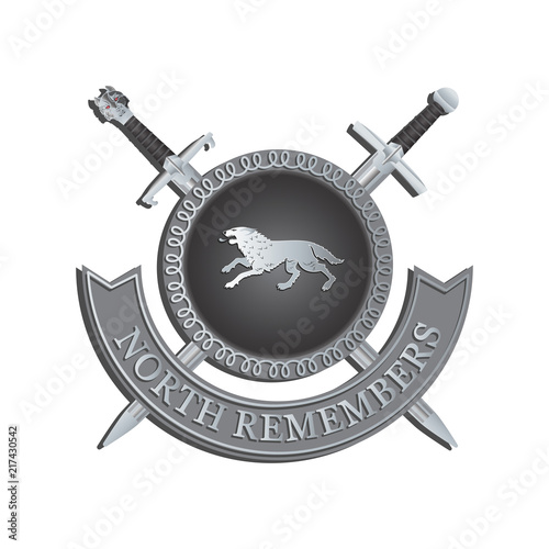 Shield and sword with inscription NORTH REMEMBERS. Silhouette of a ferocious beast. Symbol of strength. Contrast image on dark background.