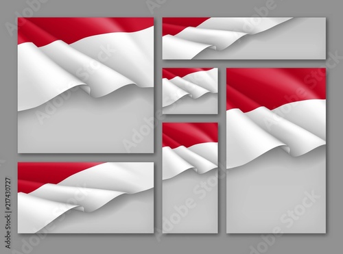 Indonesian patriotic festive banners set. Realistic waving indonesian flag on grey background. Independence, democracy and freedom vector layouts. Indonesia republic day concept with space for text