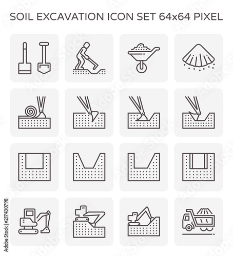 Soil excavation, equipment vector icon. Excavator or backhoe to excavate in construction site. Worker or digger to diging by hoe tool. Transport by wheelbarrow, dump or tipper truck. Editablle stroke.