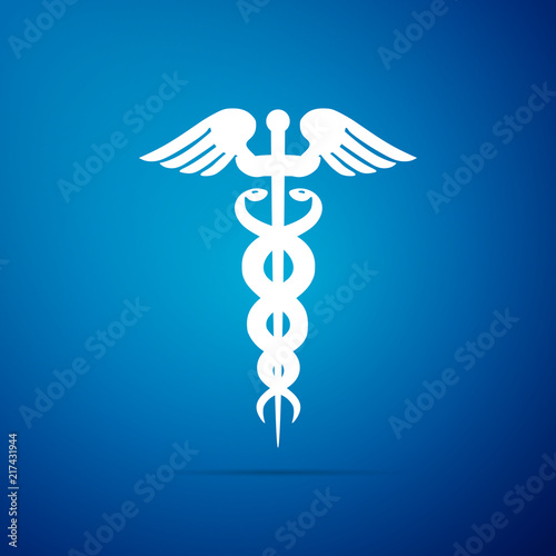 Caduceus medical symbol icon isolated on blue background. Medicine and health care concept. Emblem for drugstore or medicine, pharmacy snake symbol. Flat design. Vector Illustration
