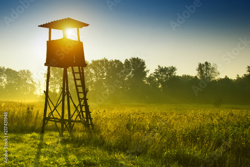 Lookout tower for hunting at dawn photo