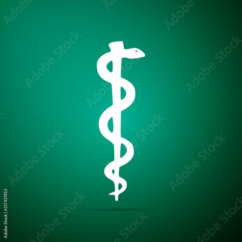 Rod of asclepius snake coiled up silhouette icon on green background. Medicine and health care concept. Emblem for drugstore or medicine, pharmacy snake symbol. Flat design. Vector Illustration