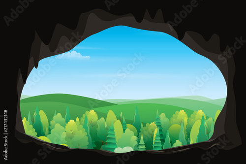 Scenery of mountain view from inside the cave. Vector nature background