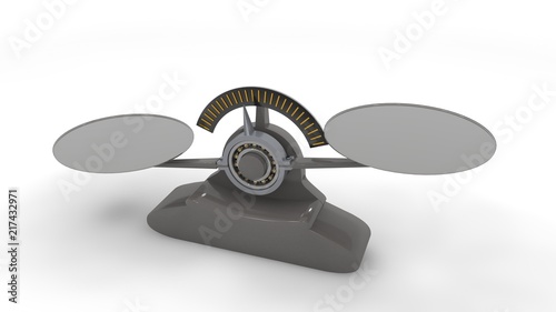 Libra lever, balancing on a ball bearing mechanism, a device for estimating weight of the object. Grey, isolated on white background. 3D rendering.