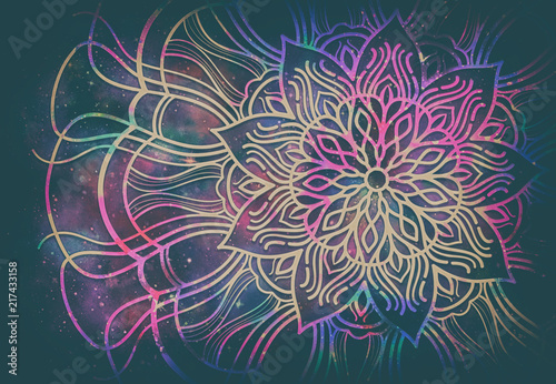Abstract mandala graphic design and watercolor digital art painting for ancient geometric concept background