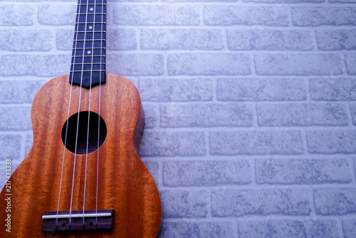 Ukulele guitar on the brick block background © SP studio