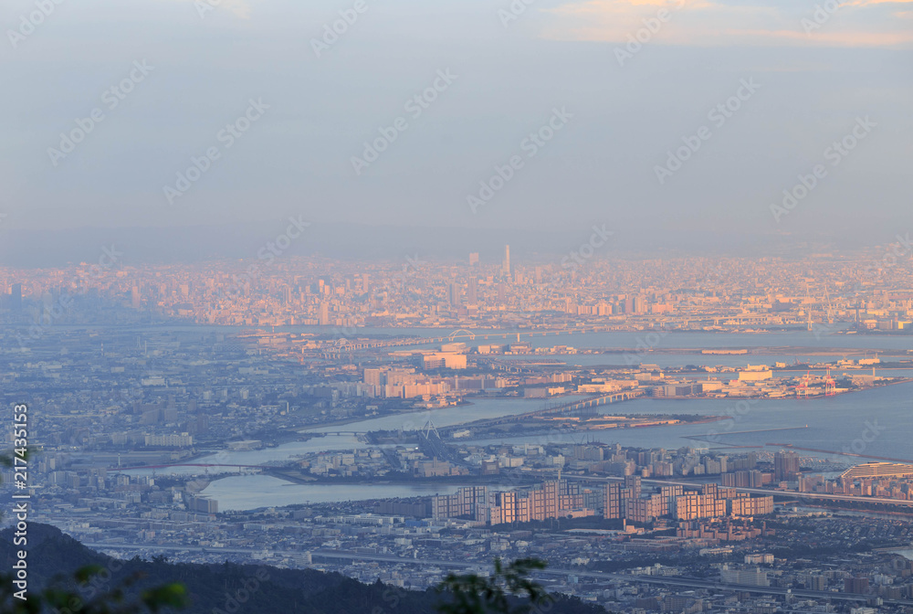 Tall buildings including Abeno Harukas, the tallest building in Japan, seen from top of Mt. Rokko in Kobe