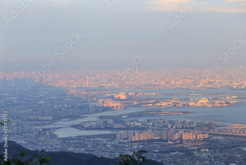 Tall buildings including Abeno Harukas, the tallest building in Japan, seen from top of Mt. Rokko in Kobe